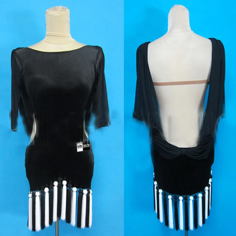 

Short Sleeves Latin Dance Dress Sexy Backless Black Latin Dress Tassels Skrit Hollow Ballroom Competition Dance Clothes SL6852