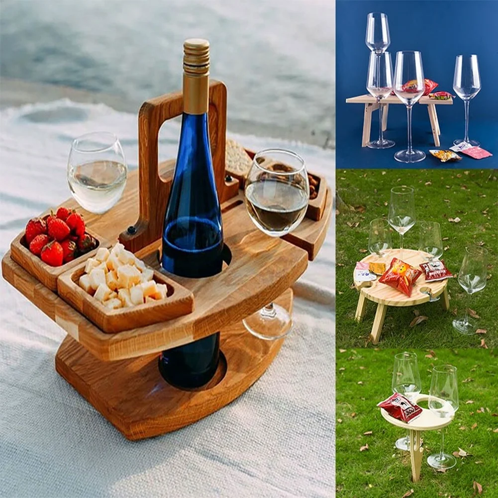 

Picnic Wooden Table Carry Handle Outdoor Folding Wine Table Wine Glass Holder Folding Table Fruit Snack Tray Removable