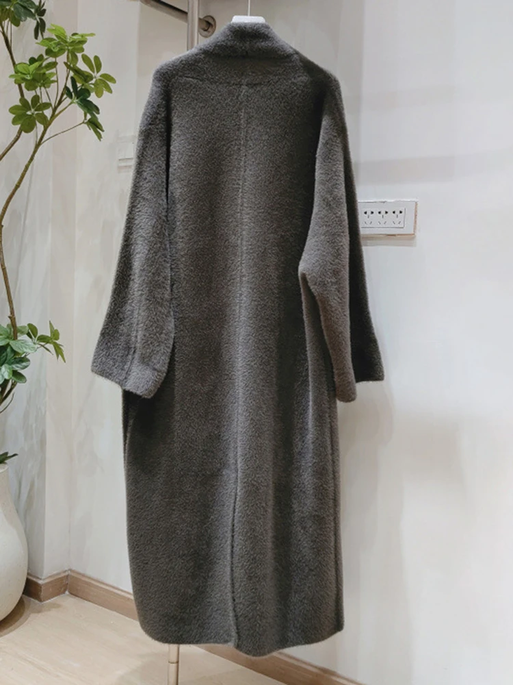 [EAM] Коричневый большой размер толстый длинный вязаный кардиган свитер с