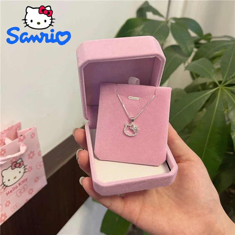 

Kawaii Hello Kitty Necklace Anime Character Sanrio Ring Couple Silver Clavicle Chain Adjustable Accessories Ladies Birthday Gift