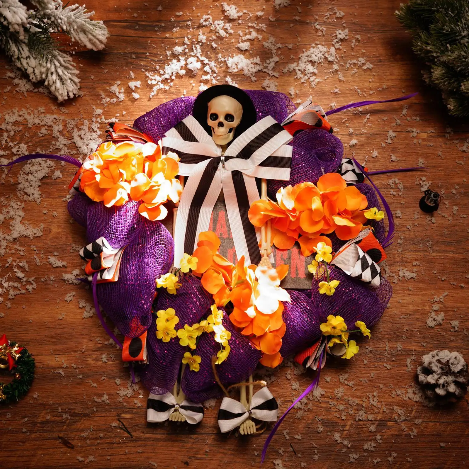 

Halloween Skull Wreath With Bow Decoration Front Door Prop Window Skull Decor Door Layout Garland Hanging Horror Atmosphere A9B3