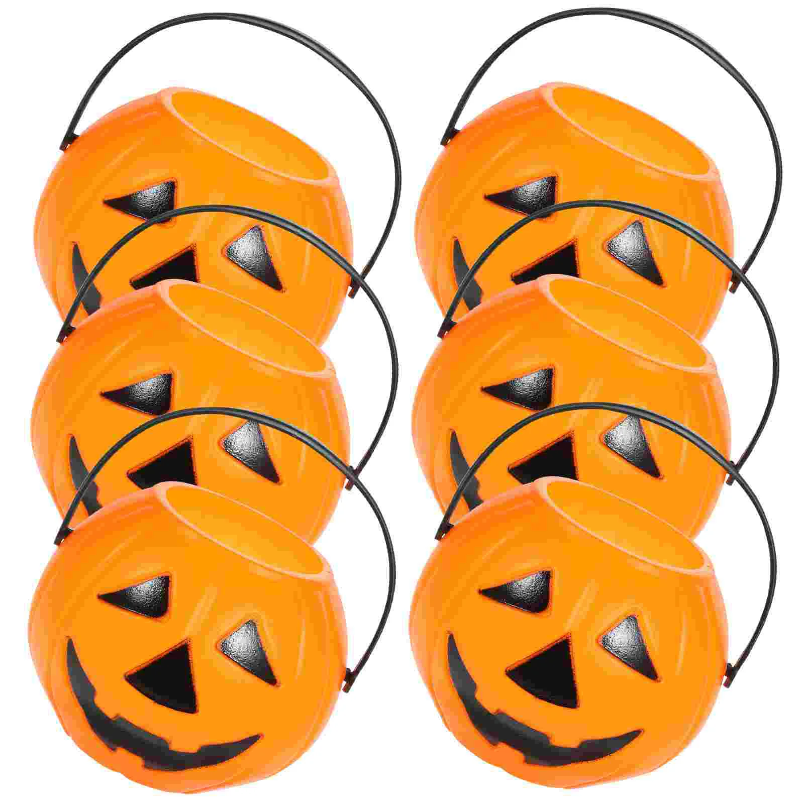 

6 Pcs Snack Containers Plastic Buckets Handles Halloween Supplies Orange Pumpkin Treat Design Holder