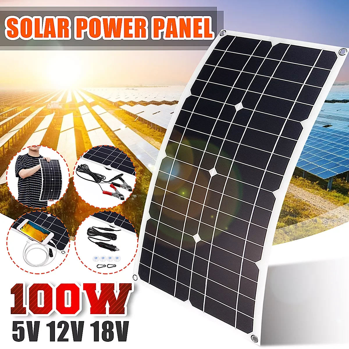 

Солнечная панель 100 Вт, гибкая, водонепроницаемая, с разъемом USB, 5 В, 12 В постоянного тока, с контроллером 10 А, 20 А, 30 А, с зарядным устройство...