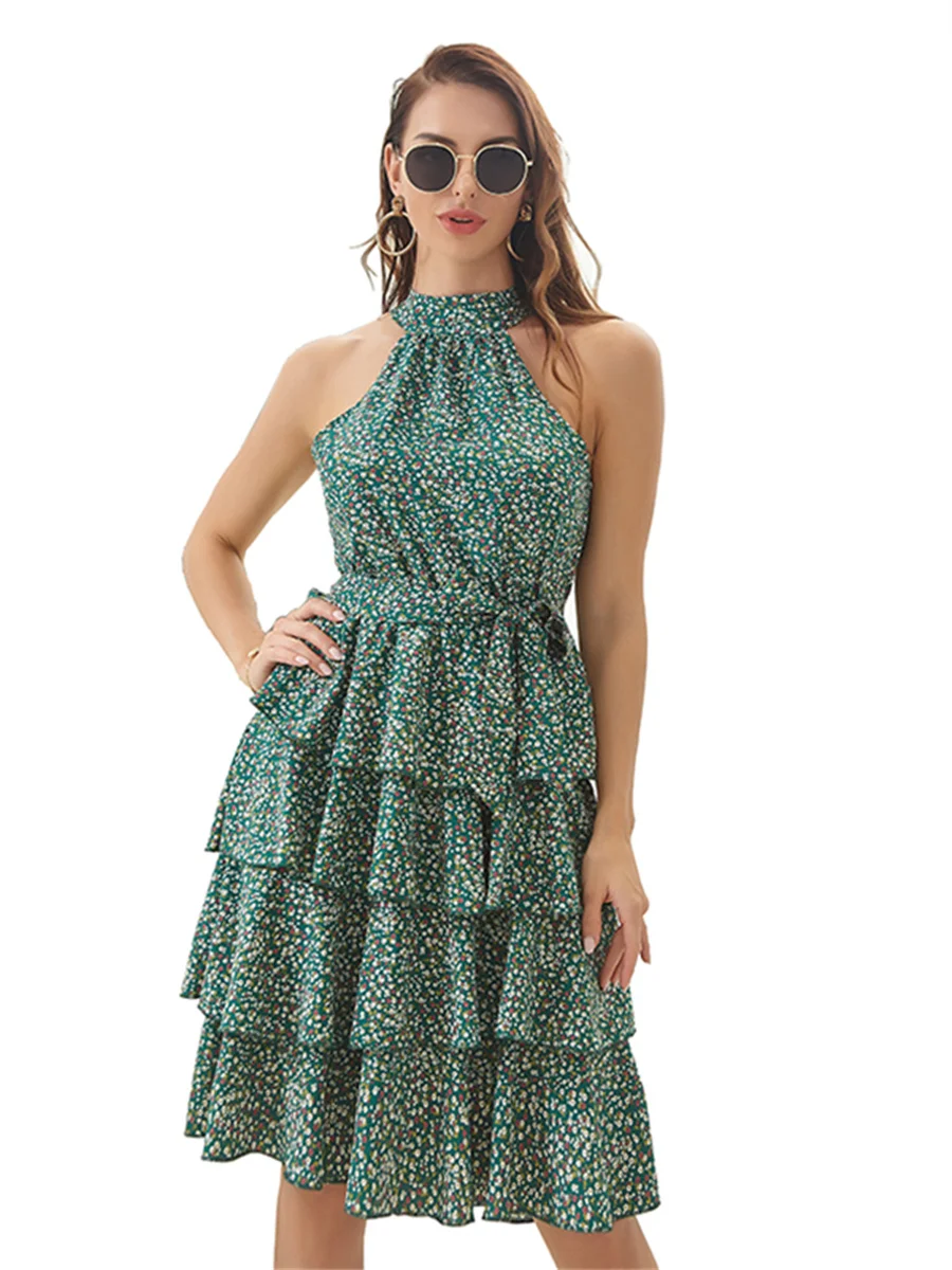 

Woman Spring Summer Style A-Line Dress Lady Halter Collar Sleeveless Flower Printed A-Line Mini Dress SS4197