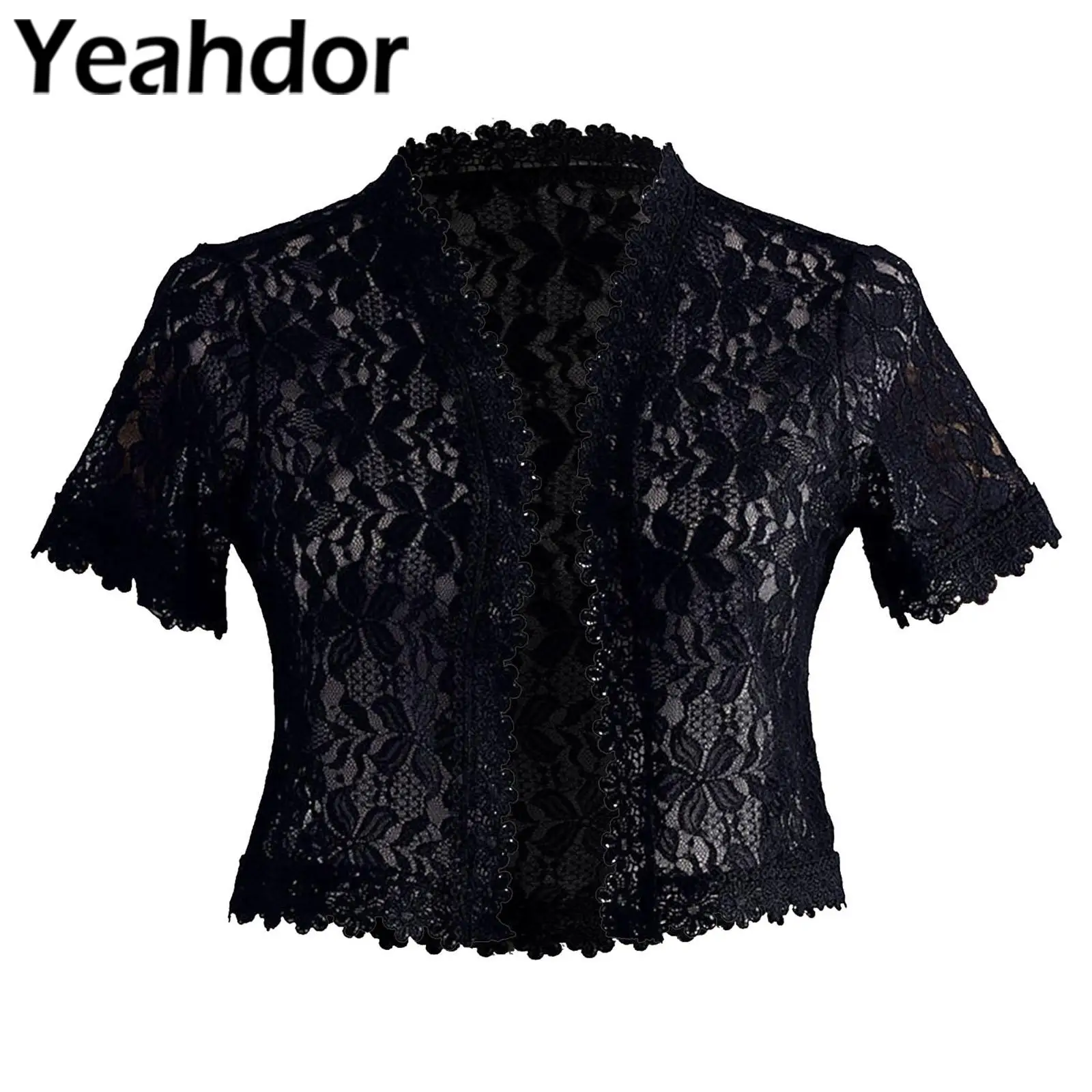 

Womens Floral Lace Bolero Crop Cardigan Short Sleeve Open Front Flower Trim Shrug Top for Dress Accessory Cover Ups Bridal Wraps