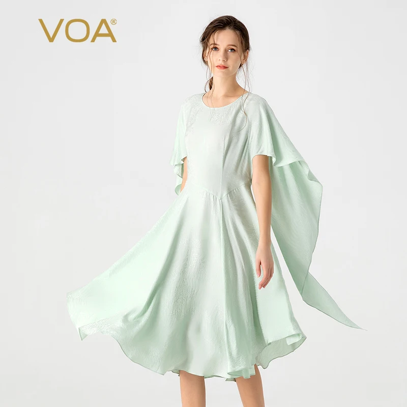 

(Fans Exclusive Discount) VOA Silk Jacquard Green O-neck Butterfly Short Sleeve High Quality Elegant Party Summer Dress AE1922