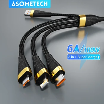 ASOMETECH 3 in 1 USB Charge Cable 6A 100W for Huawei/Honor Portable Micro USB TypeC Cable Charging Cable For iPhone 14 Samsung 1