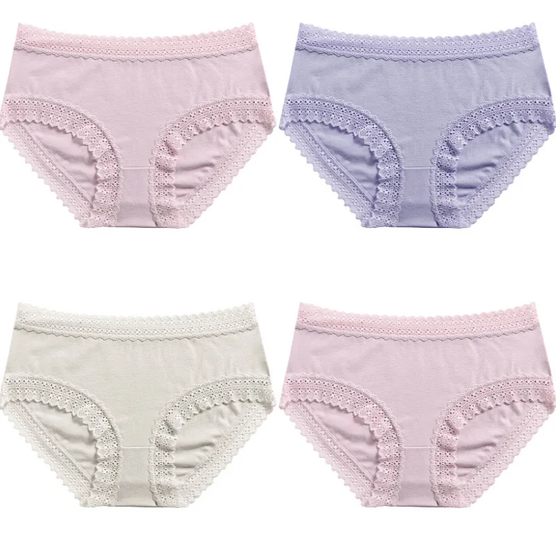4Pcs/Lot Cotton Panties Women Sexy Lace Briefs Breathable Underwear Girls Panty Solid Lovely Womens Seamless Lingerie