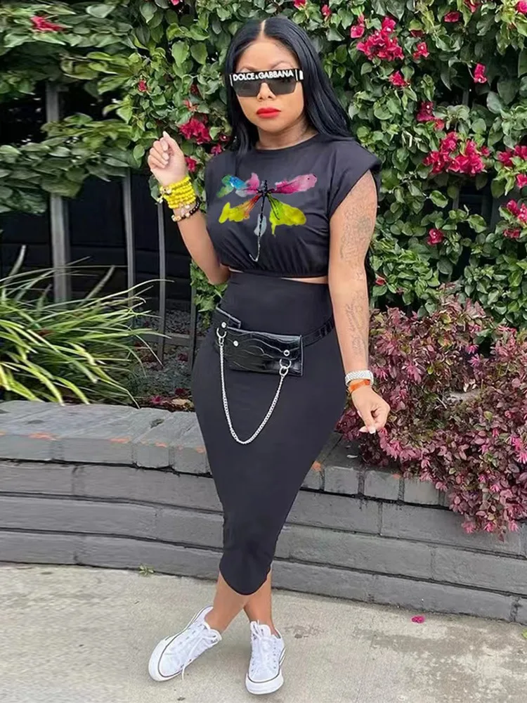 

Dragonfly Print Two Piece Set Women Summer Short Sleeve Crew Neck Crop T-shirt+high Waist Skinny Mid Calf Skirt Matching Suits