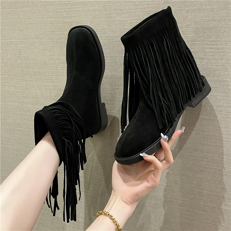 

WOMEN ANKLE BOOTS Female Shoes Booties New Rock Gothic Fringe Due To Elegant Low Heel Vintage Women's Shoe with Free Shipping