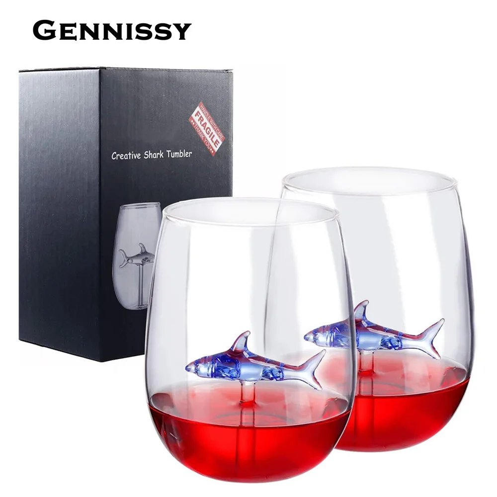 

GENNISSY 2Pcs 300ml/10oz Shark Wine Glass Decanter Crystal Bartending Cups Wine Drinking Cocktail Beer Whisky Glasses Mug Gift