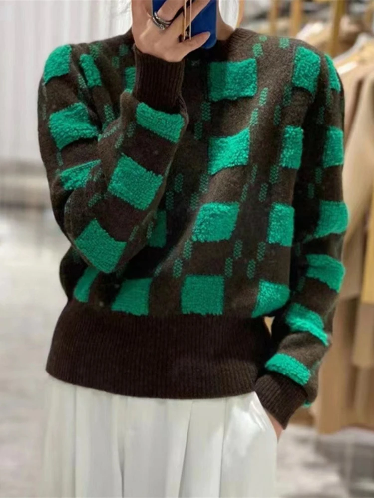 

Women's Winter Blouse Fashion Patchwork Loose with Contrasting Color Korean Commuting Versatile Knit Pullover Women's Clothing