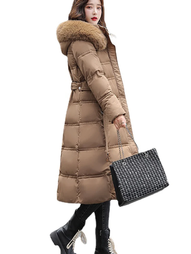 FMFSSOM New Winter Women Zipper Loose Long Cotton Parkas Fashion Casual Female Large Fur Collar Patchwork Coat Outwear With Belt images - 6