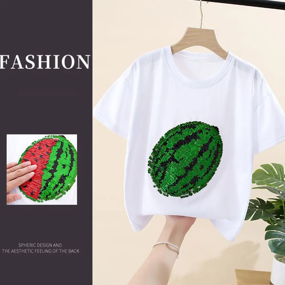 

Summer Reversible Color Girls Changeable Watermelon Sequins T-shirt Short Sleeves Cotton Children's Clothing