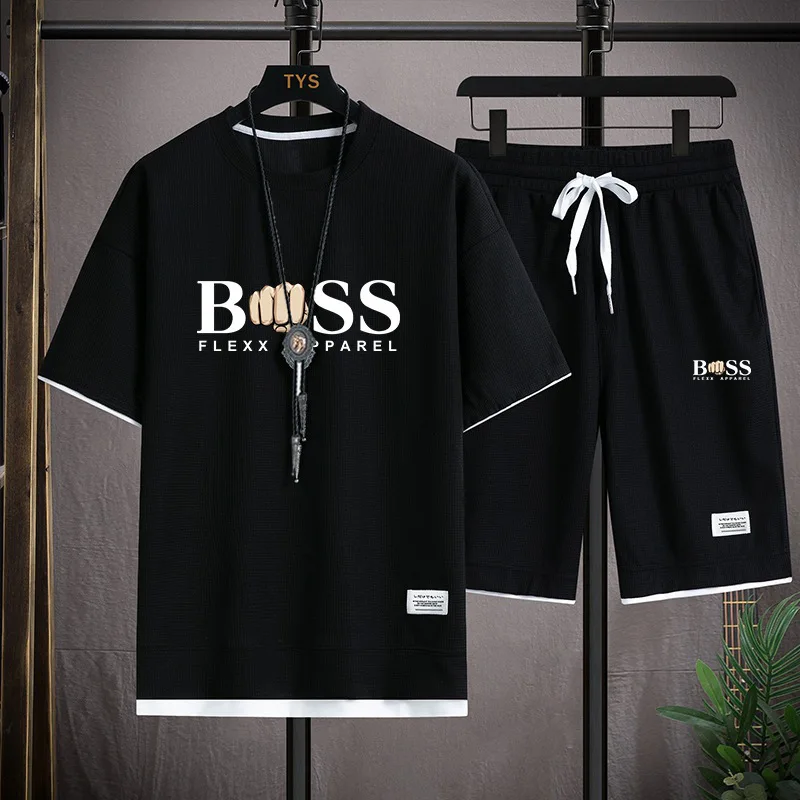 

Waffle T Hong Kong Style Men's Fake Two-Piece Suit Couple Loose Trend Plus-size Five-Point Pants Casual Outdoor