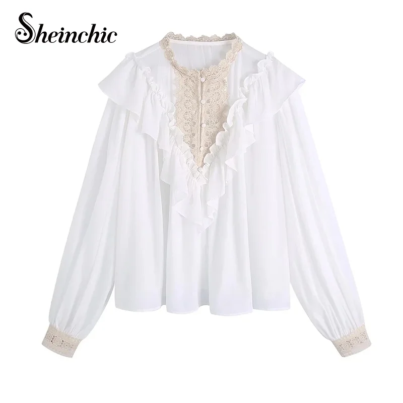 

Блузка женская с оборками, Белый Топ с длинным рукавом в Корейском стиле, Винтажная летняя одежда, 2022