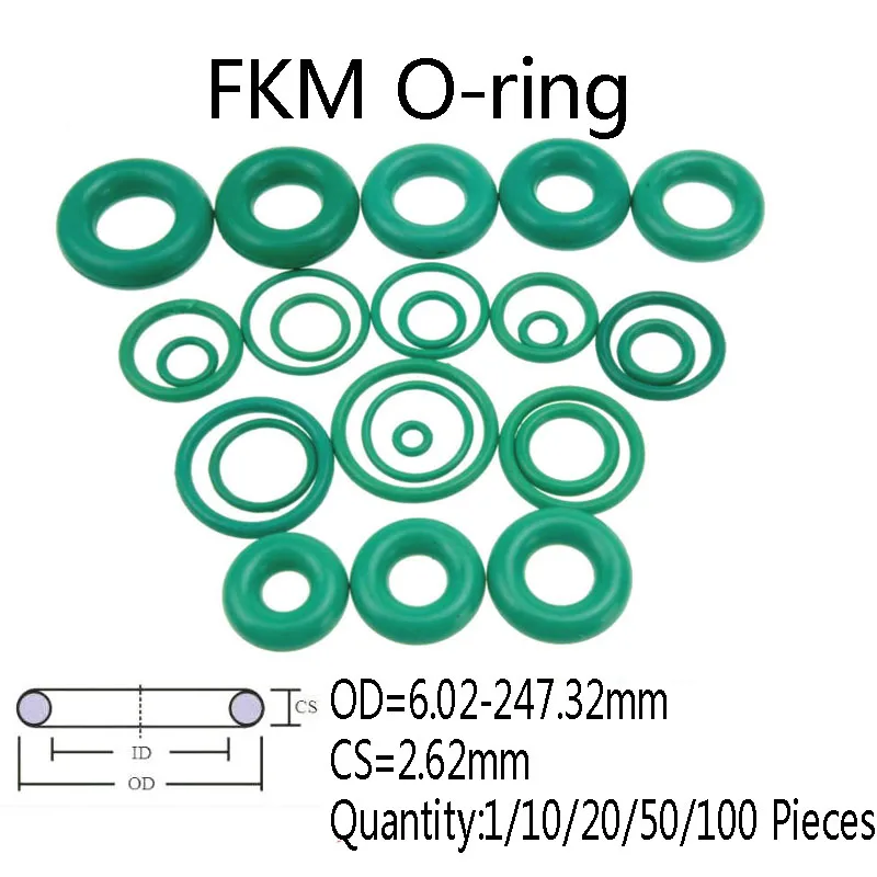 

1/10/20/50/100 шт. зеленое уплотнительное кольцо FKM CS 2,62 ММ Внутренний диаметр 6,02-247,32 мм флюоровое резиновое уплотнительное кольцо механическое уплотнение