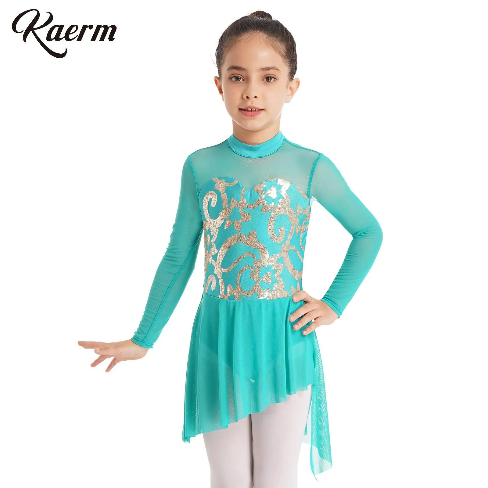 

Детское Сетчатое трико с блестками и цветочным принтом для девочек, шифоновое платье с запахом, балетные фигурки, катание на коньках, бальные костюмы для современных танцев