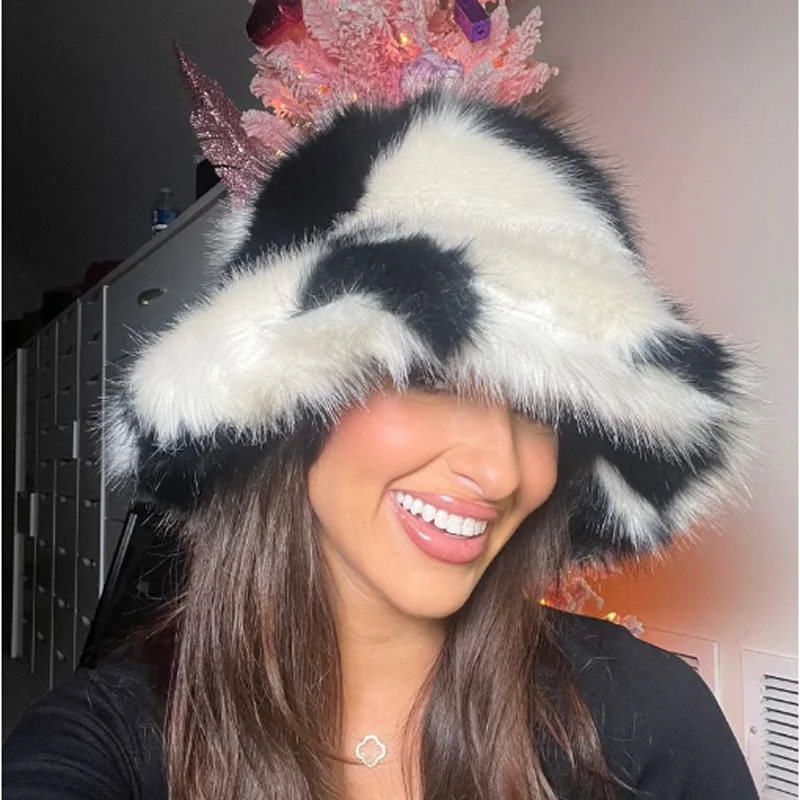 

Winter 2023 Bucket hat New candy color faux fur Y2k warm plush basin hat Unisex Bucket hat bob homme