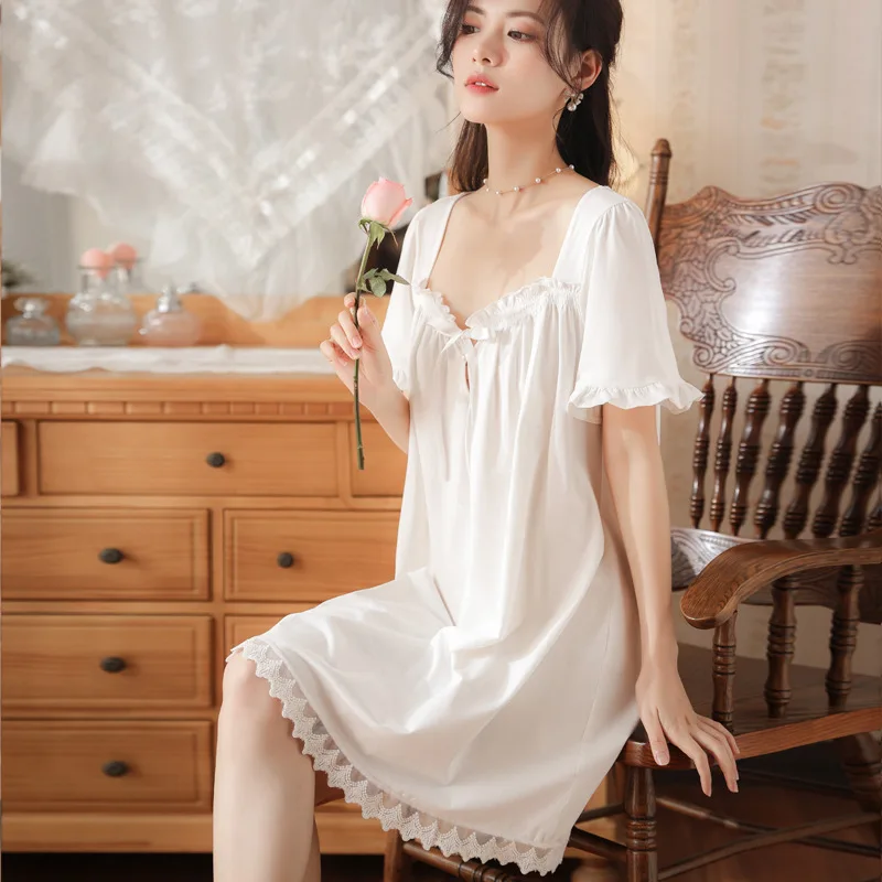 Women Cotton Night Dress Summer Sweet White Ruffle Short Sleeve Nighty Victorian Nightdress Vintage Nightgown Princess Sleepwear