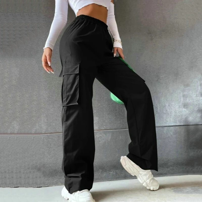 Casual Loose Temperament Straight Pants Large Pockets Women Streetwear Vintage Wide Leg Baggy Sweatpants Cargo Parachute Pants