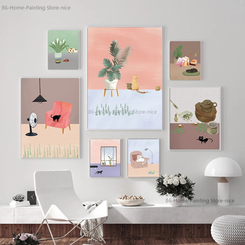 

Современные Мультяшные Забавные милые кавайные кошки, настенные художественные плакаты с растениями, цветами, холст с рисунком, картины дл...