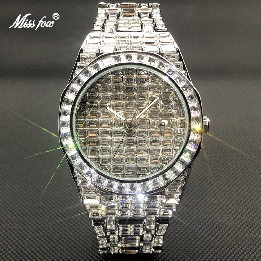 

MISSFOX Luxurious Watch For Men Vintage Simple Full Diamond Silver Wristwatch American Hip Hop Iced Out Round Clock Jewelry Gift