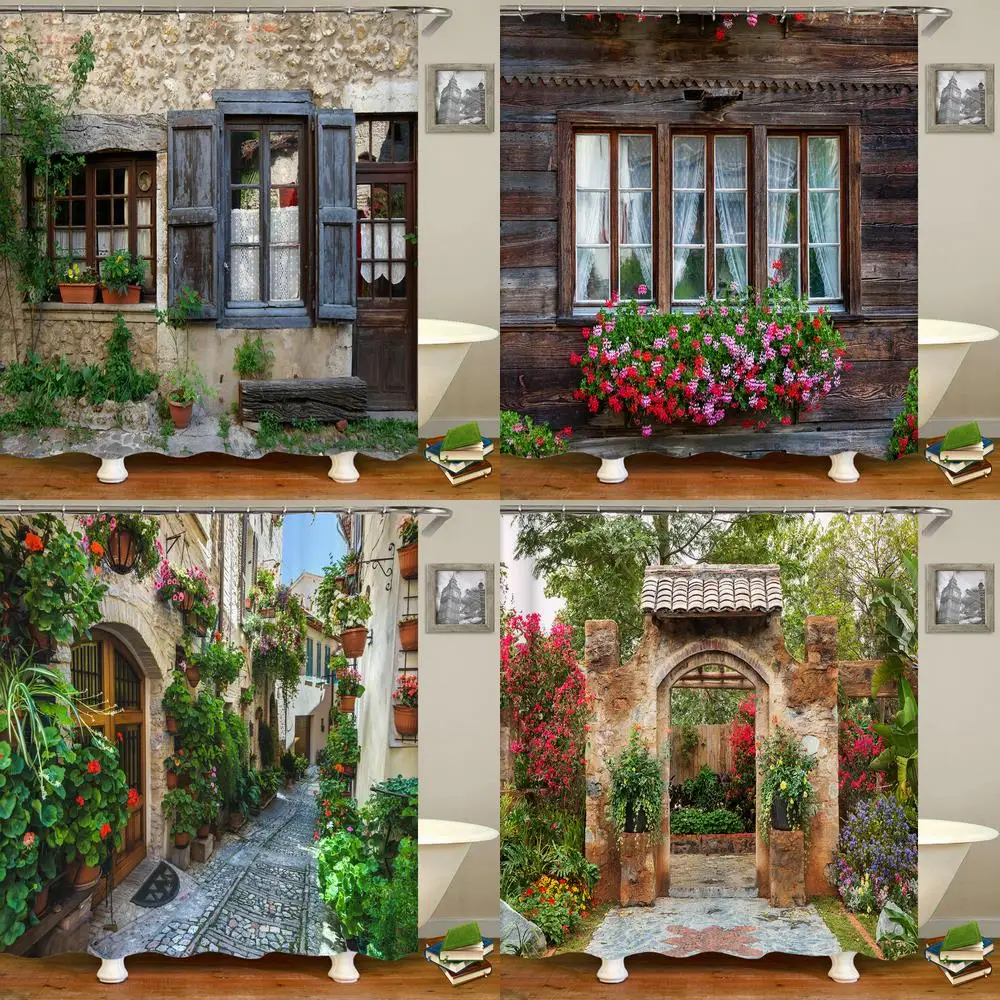 

Puertas de cortina de ducha rústicas de una casa de roca antigua con detalles de Marco francés en el campo, baño de tela europeo