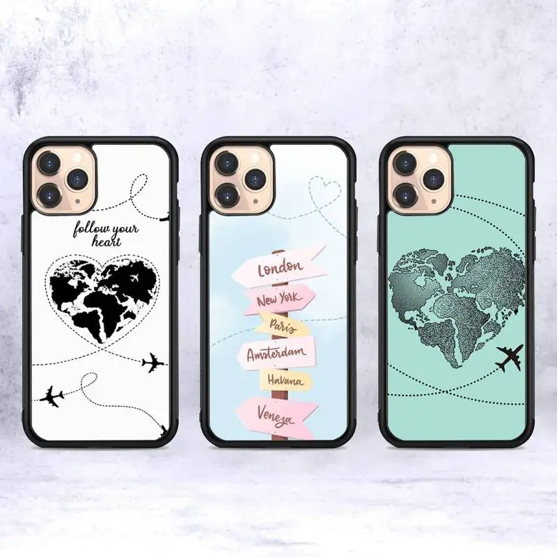 

World Map Travel Phone Case Silicone PC+TPU Case for iPhone 11 12 13 Pro Max 8 7 6 Plus X SE XR Hard Fundas