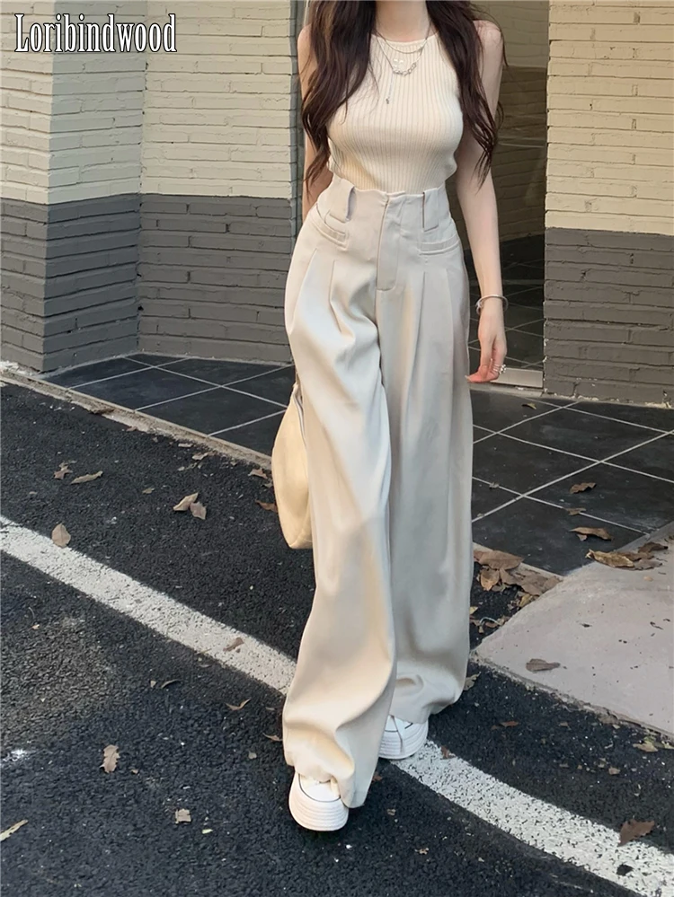 

2023 Chic Wide Leg Suit Pants for Women Casual Streetwear High Waist Loose Straight Pants Lady Solid Color Long Loose Trousers