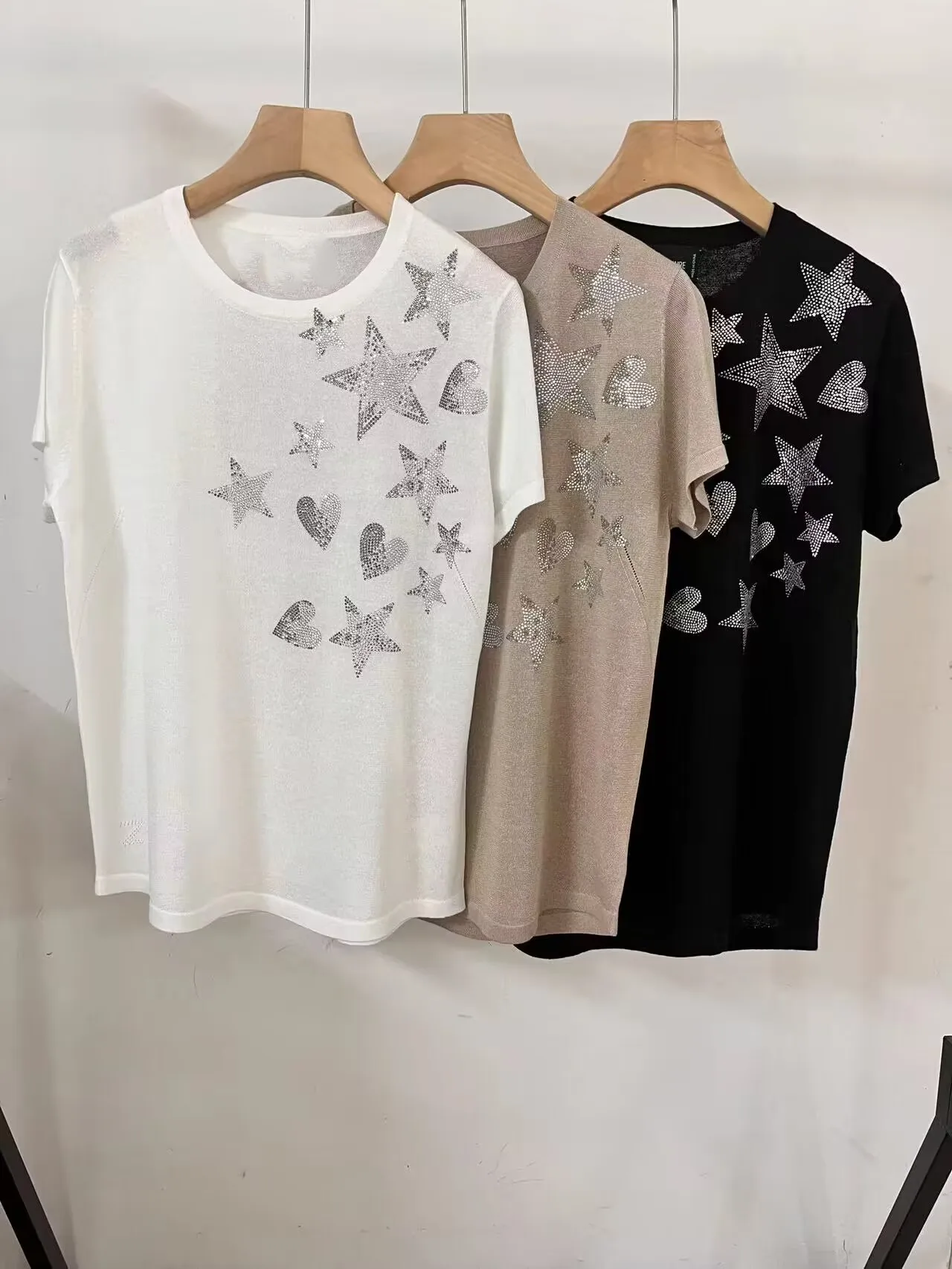 

100% Linen Women Knitwear Tshirt Hearted and Star Hot Rhinestone Short Sleeve Casual O-neck Pullover 2023 Spring Summer