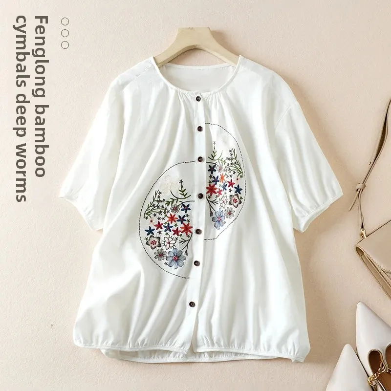 ArtticVintageDesign с вышивкой хлопково-льняная рубашка короткими рукавами женская