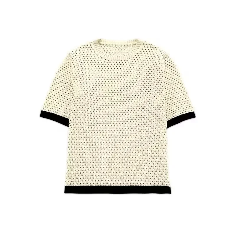 

Женский Осенний новый модный короткий облегающий вязаный свитер с короткими рукавами в стиле ретро Изысканная рубашка с круглым вырезом и короткими рукавами 2023