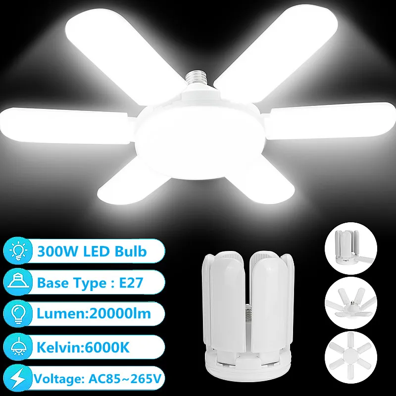 

300W LED Garage Light E27 20000LM Ceiling Lamp Panel Adjustable Deformable Foldable Ceiling Light For Storage Warehouse Workshop