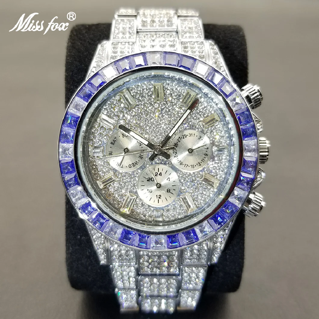 

MISSFOX Ice Out Watches For Men Luxury Full Diamond Calendar Quartz Wristwatch Hip Hop Fashion Waterproof Relogio Masculino 2022