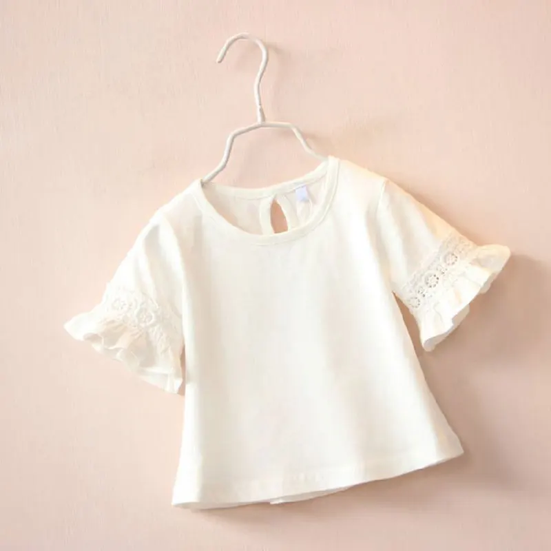 

2022 new Girls Round Neck Lace Trumpet Sleeve Short Sleeve T-shirt Solid Color Children Family Matching Outfits19040