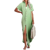 womens casual short sleeve side split button down long kimonos cardigans swimsuit cover ups