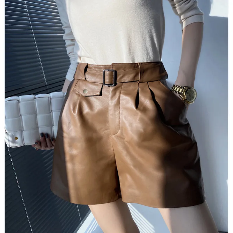2022 New Style  Women Fashion Slim High Waist Genuine  Sheepskin Leather Shorts