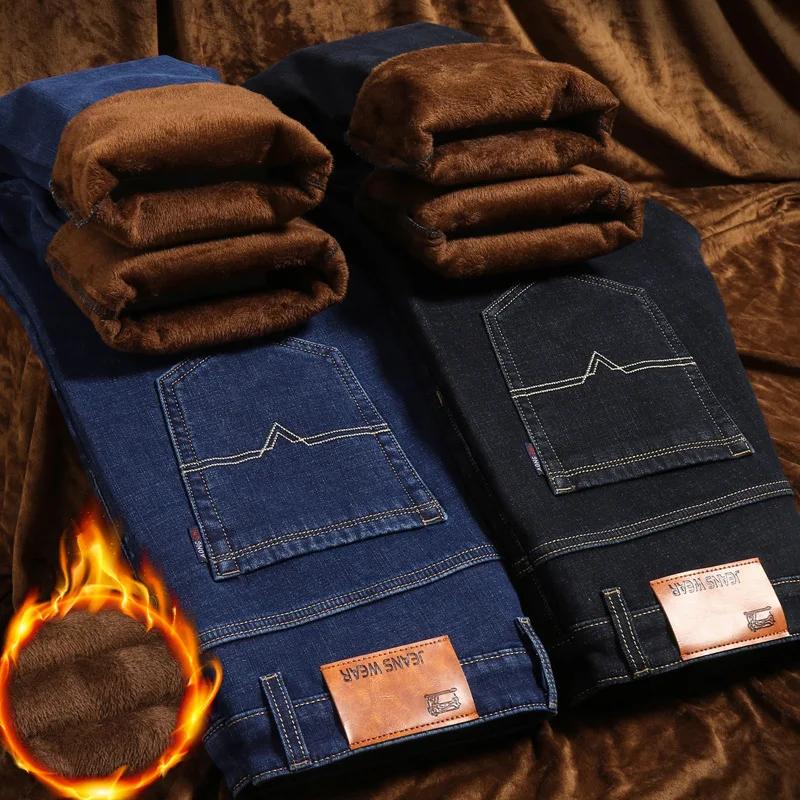 MCLAOSI Winter Fleece-Lined Warm Jeans Men's Casual Elastic Pants Baggy Jeans Straight Leg Jeans Cargo Pants Denim Jogger Jeans