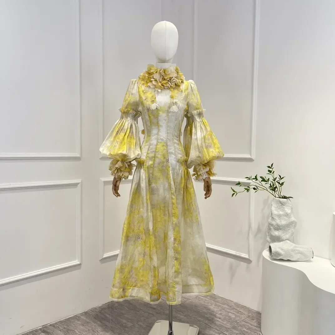 

High Quality 2023 New Collection Vintage Light Yellow Linen Silk Appliques Long Lantern Sleeve Ruffles Frill Shirred Woman Dress