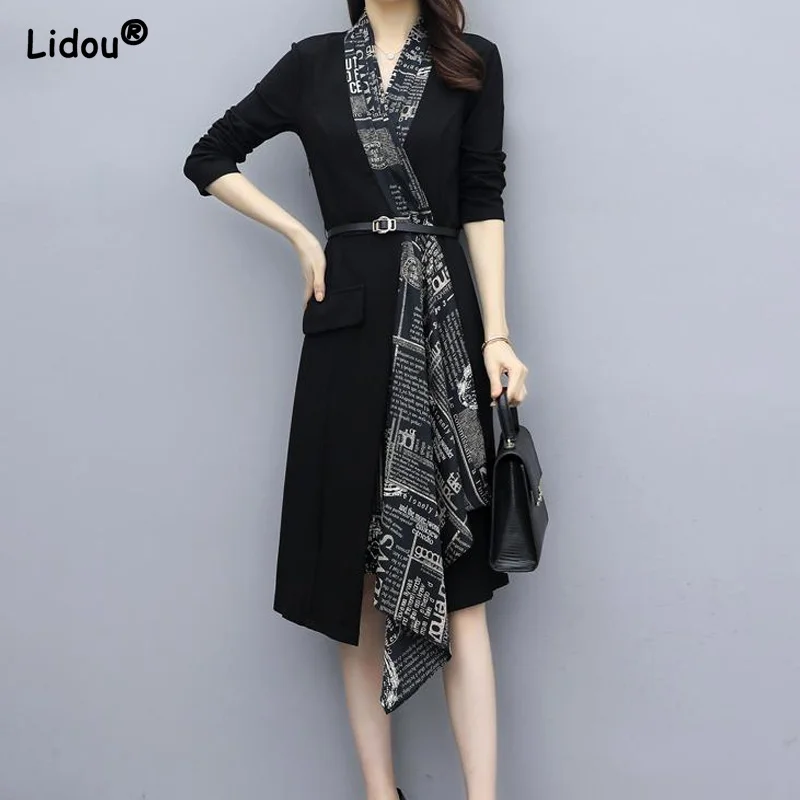 

Spring Elegant Slim Belt Black Patchwork V-neck Long Sleeve A-LINE Dress Solid Empire Office Lady Sashes Women's Clothing 2022