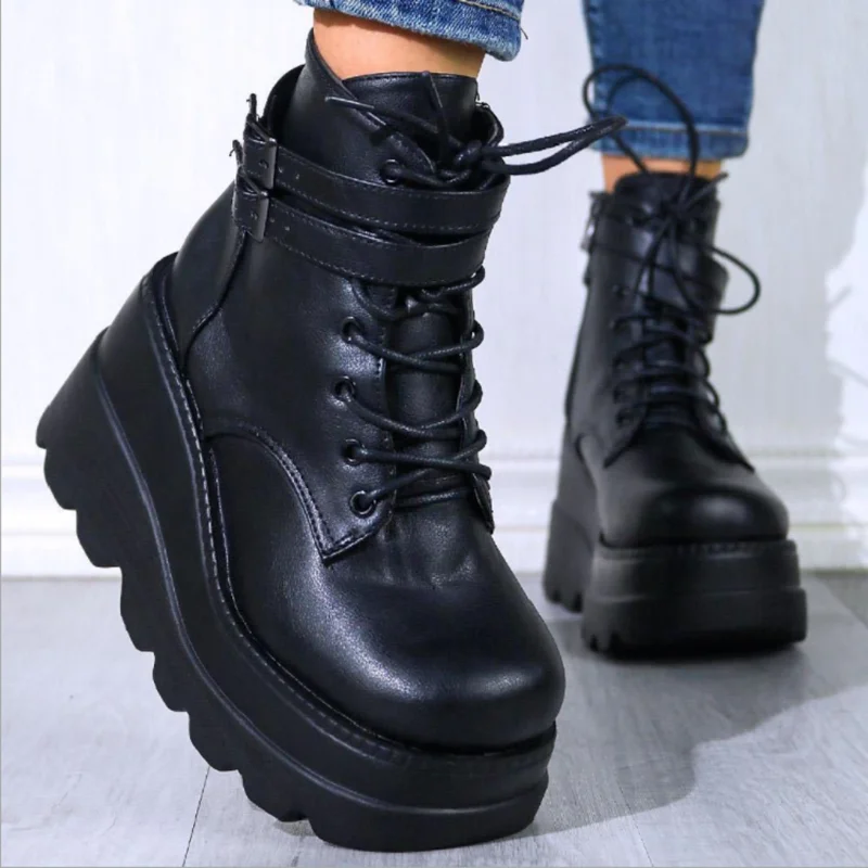 

New Female Platform Ankle Boots Fashion Zip Lace-up High Heels Women Boots Party Goth Wedges Shoes of Woman Women's Boots 2022