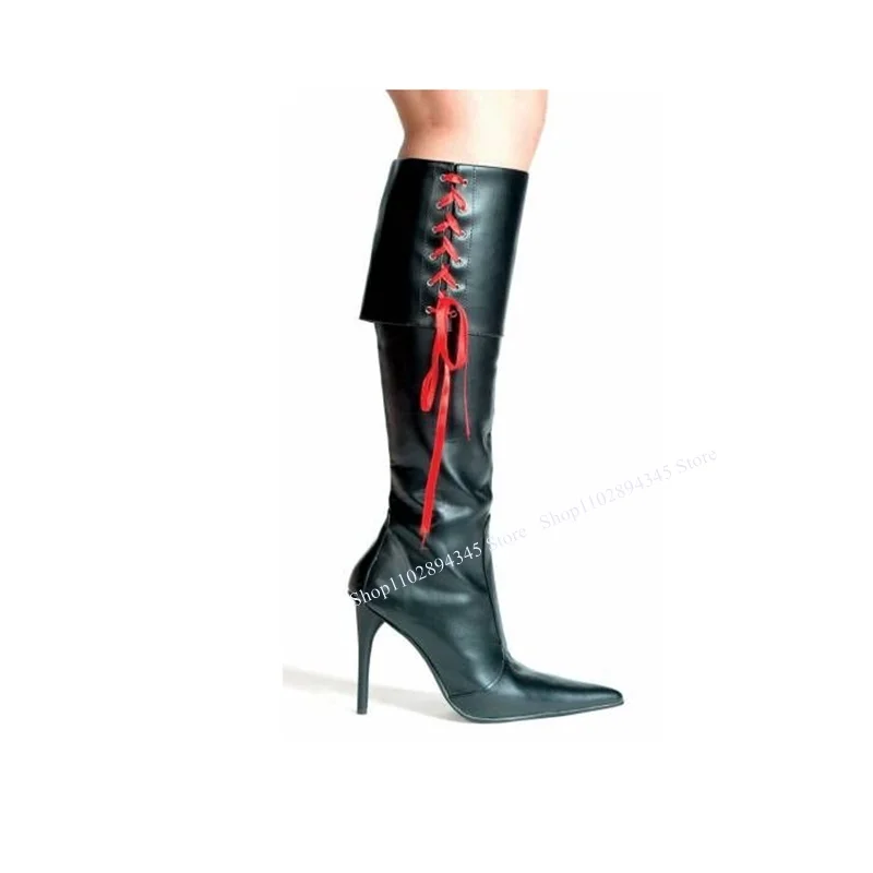Женские повседневные сапоги до колена черные красные на высоком тонком каблуке