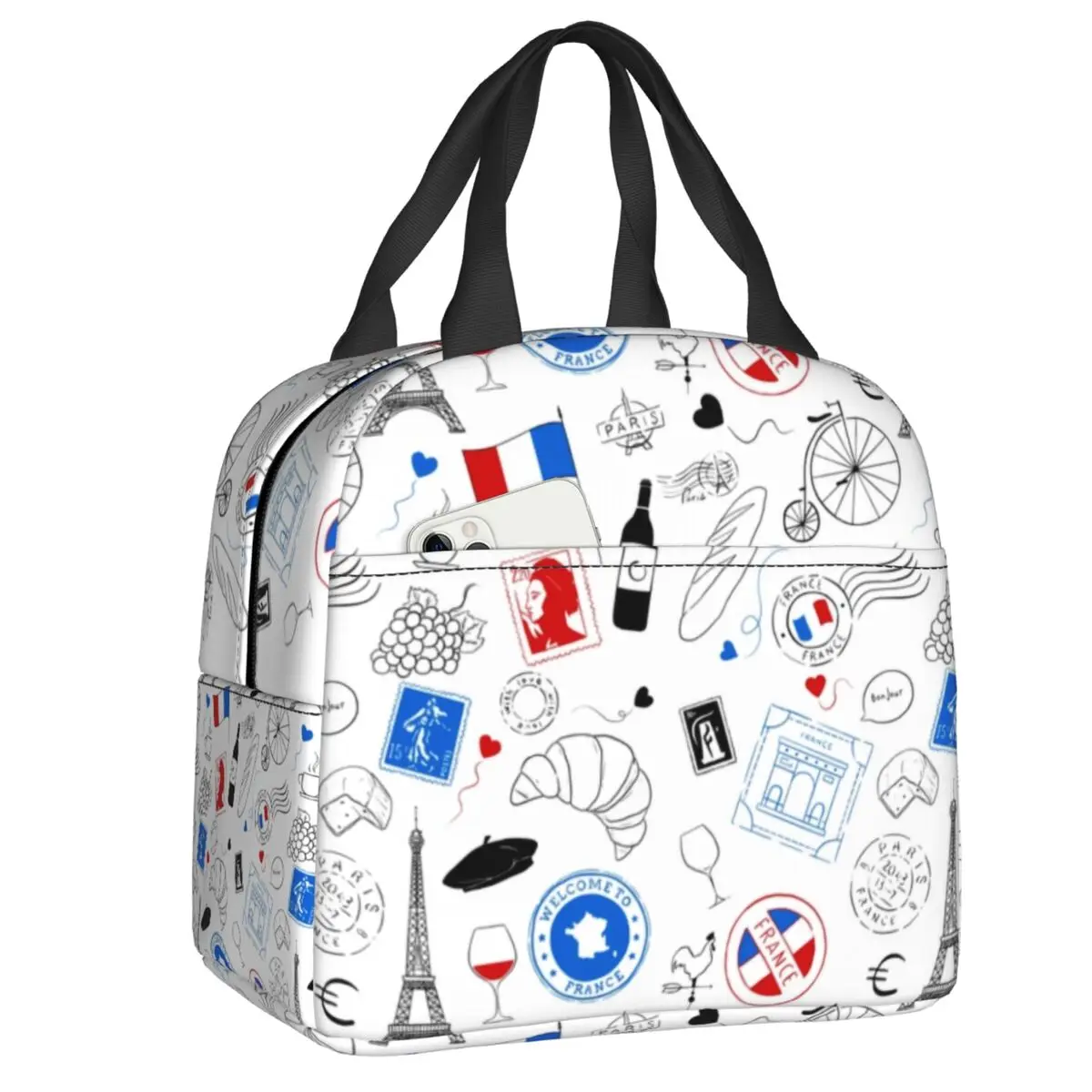 

Passport To France Thermal Insulated Lunch Bags Women Eiffel Tower Paris Love Portable Lunch Tote for School Storage Food Box