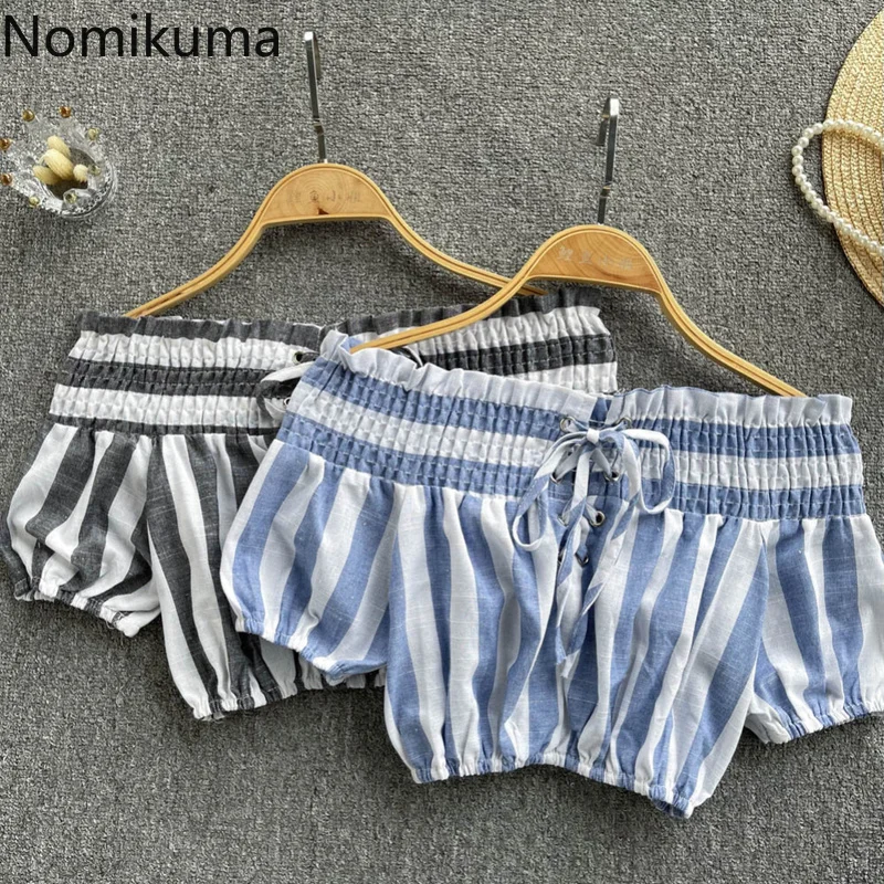 

Nomikuma Tops Women 2022 Summer Slash Neck Puff Sleeve Striped Drawstring Shirts for Women Elegant Vintage Casual Blusas Mujer