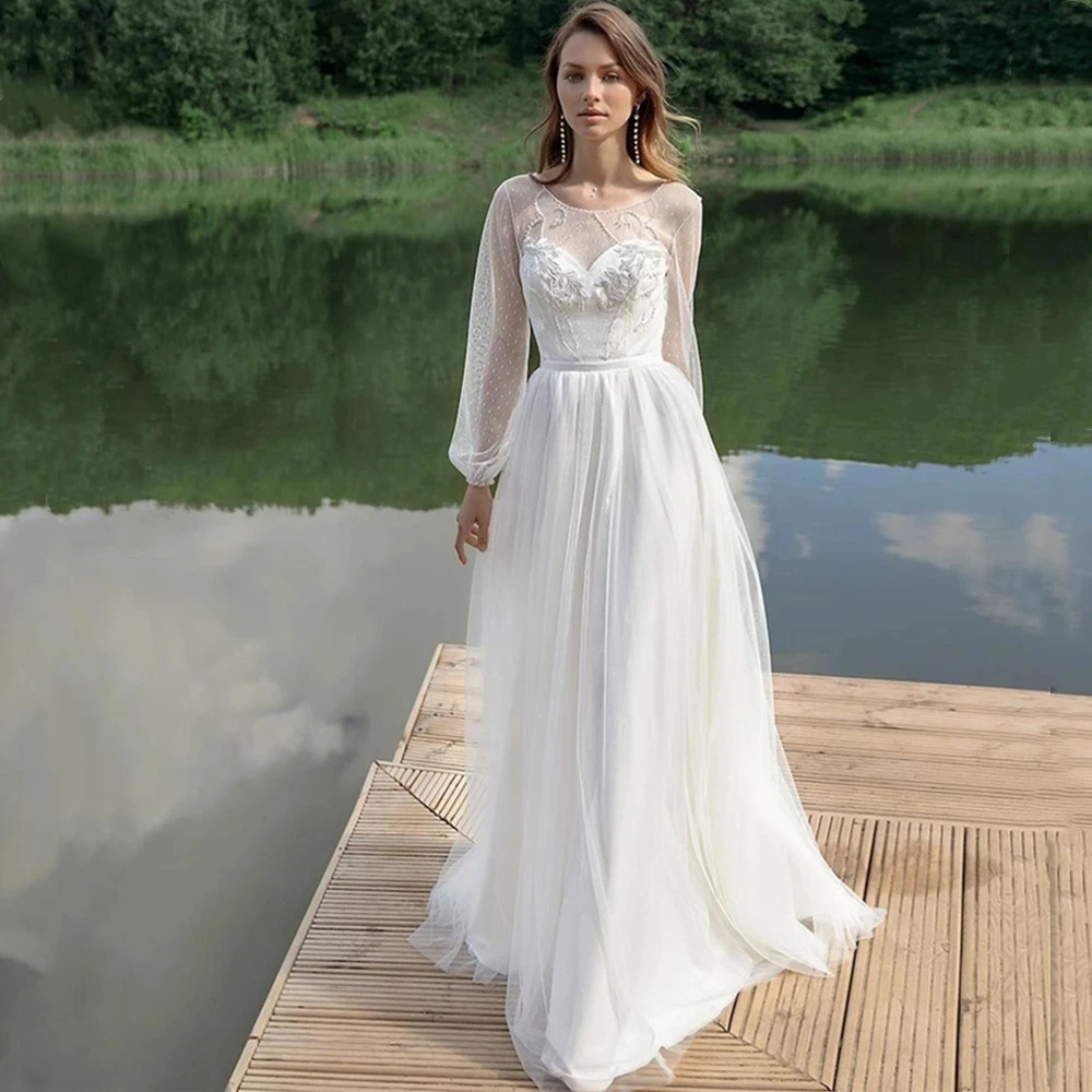 

Elegant A-Line O-Neck Wedding Dresses Simple Tulle Puff Long Sleeve Lace Appliques Bridal Gown Backless Beading Zipper Train