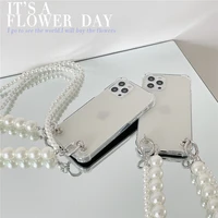 glitter jewelry pearl chain lanyard phone case for iphone 12 11 13 pro max mini xs xr x 8 6 7 plus transparent shockproof cover