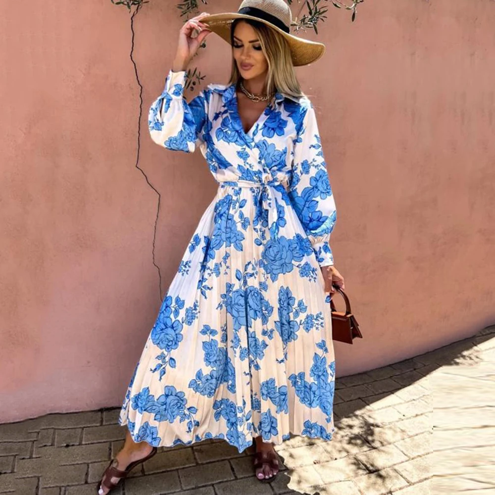 

Женское платье макси с цветочным принтом, V-образным вырезом и поясом на резинке