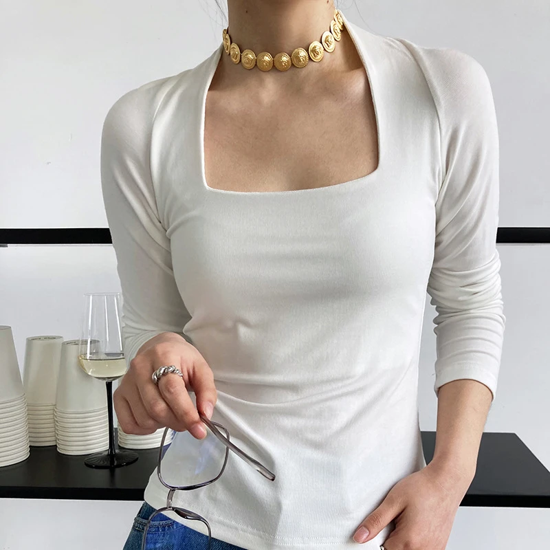 

high quality Spring New fashion Female Stylish square neck T-shirt Casual Skinny Bodycone Tees Women Cotton Long Sleeve T Shirt
