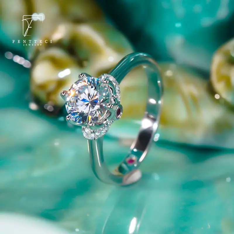 FENTTECI 925 Sterling Silver D Color Moissanite Rose Shape Red Diamond Ring True Love Wedding Proposal Ring for Women Jewelry